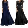Stitching Lace Hollow Women Dress Pleated Large Hem O Neck 3/4 Sleeve A-Line Long Dress Ladies Clothing