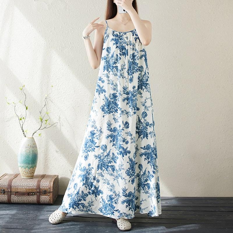 Bez rukávů, ramínka, plus size, bavlněné, vintage, květinové, nové, šaty pro ženy, ležérní, volné, dlouhé, letní,...