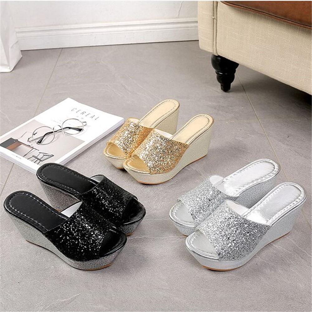 Women Summer Casual High Heel Wedge Skid Slippers Bling Flip Flops Shoes