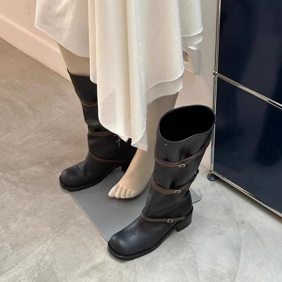 Belt Buckle Knight Boots New Thick Heel Round Head Stacking Boots Leather Boots Slim High Heel High Boots Women