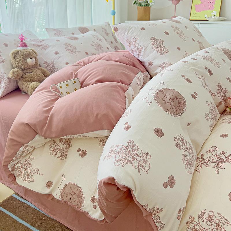 Small Fresh Mattress Quilt Cover Class A Maternal And Infant Grade Cartoon Dormitory Bed Sheet Three-Piece Set Super Soft Washed Cotton 4Pcs Set