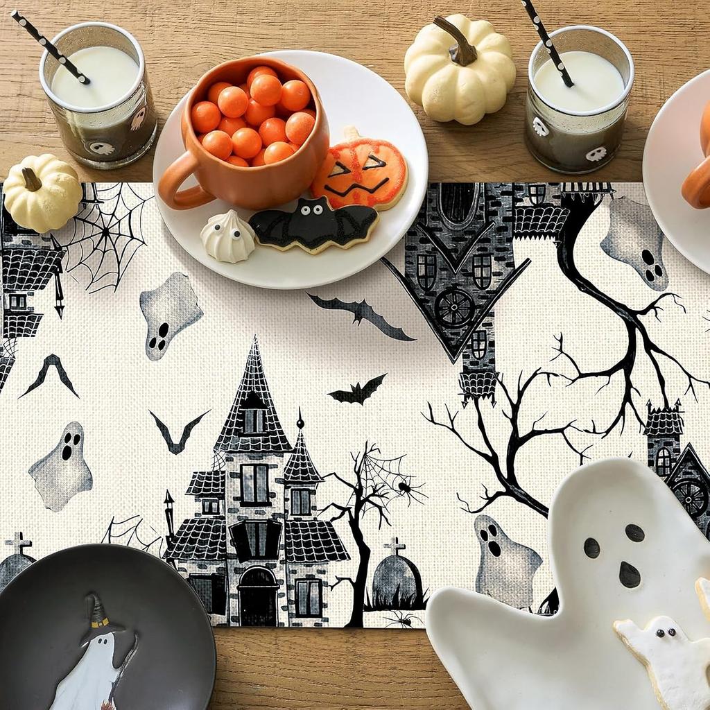 Artscope Black White Spooky Haunted House Tree Ghost Halloween Table Runner, Halloween Holiday Kitchen Dining Table Decoration for Fall Home Decor