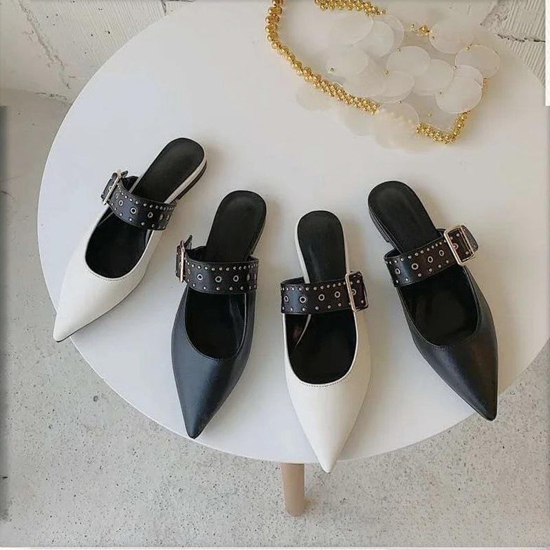Rivet Sexy Pointed Flat Shoes Spring and Summer One-word Buckle with Rivet Bag Head Half Slippers Shoes Fashion