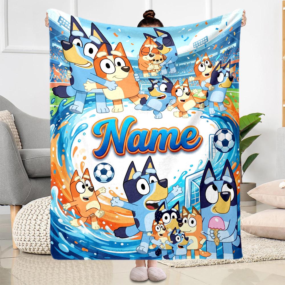 Bluey's Soccer Fun Personalized Name Blanket Gift Customizable Blanket Durable Comfort for Couch Home Decor Bedding Living Room for All Occasions
