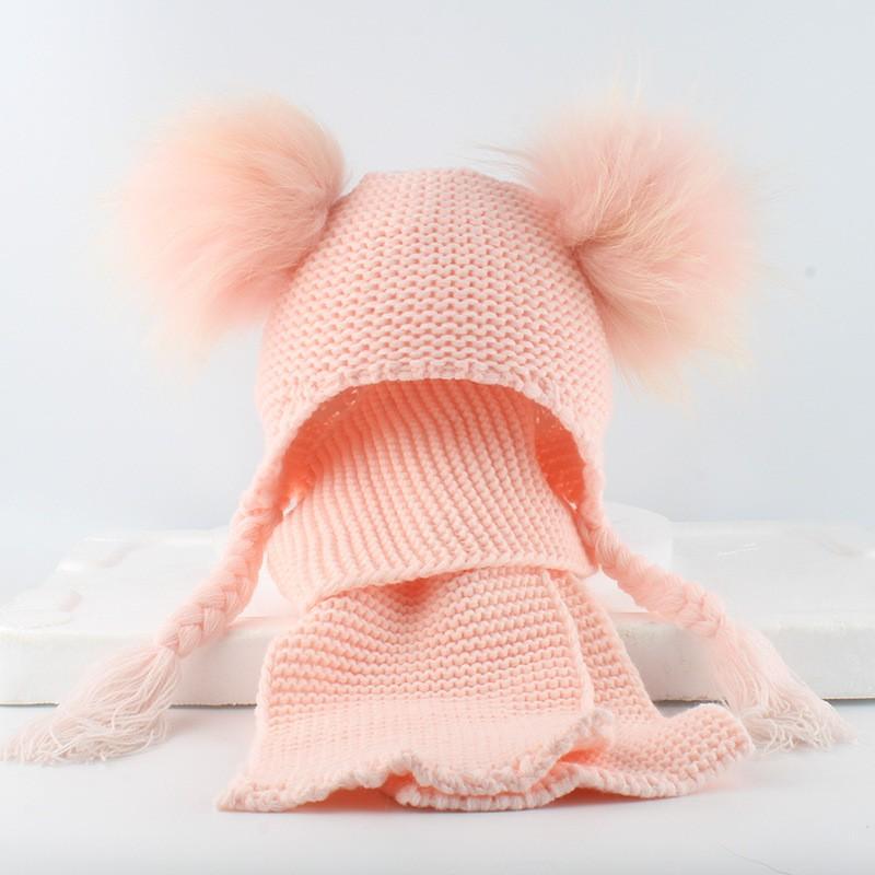 Kids Wool-Blend Knit Beanie With Double Pom Poms Ear Flaps Toddlers Ages 6M-12Y