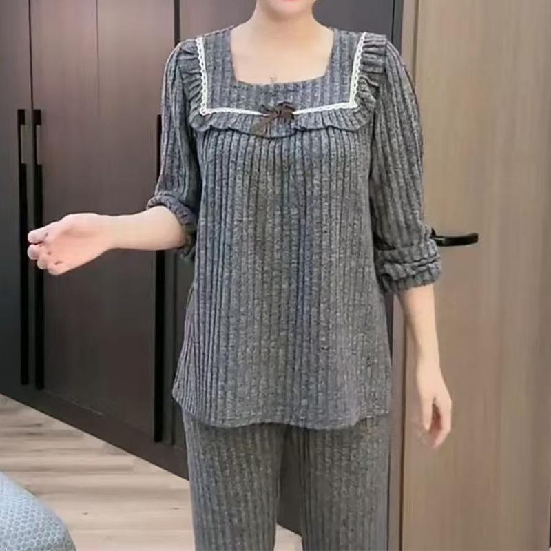 Cord Samt Quadratischer Ausschnitt Lockerer Pyjama Set - Damen Herbst/Winter Homewear