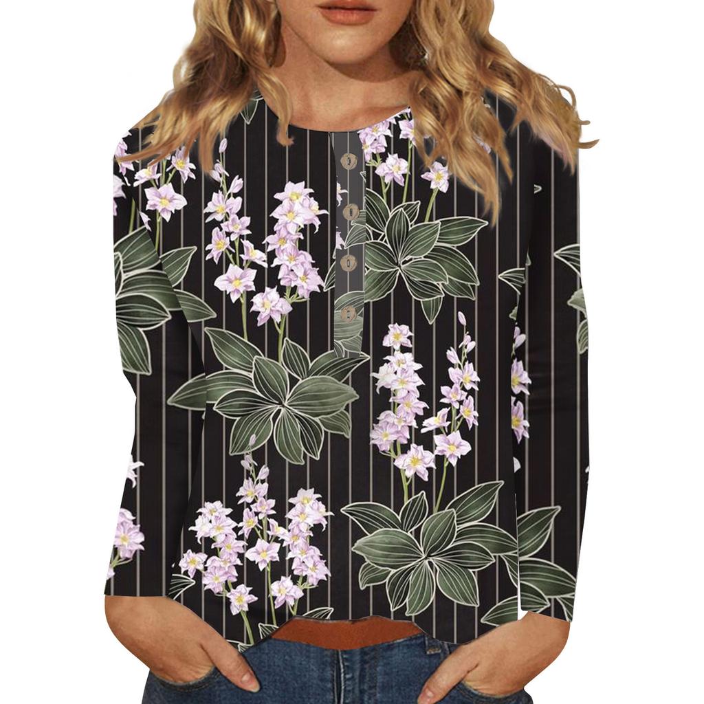 Damen-Oberteile mit Knopfleiste, Blusen, Damen-Oberteile, lässig, für den Alltag, langärmelig, V-Ausschnitt, modischer Aufdruck, Hemdoberteile, T-Shirt, Pulloveroberteile