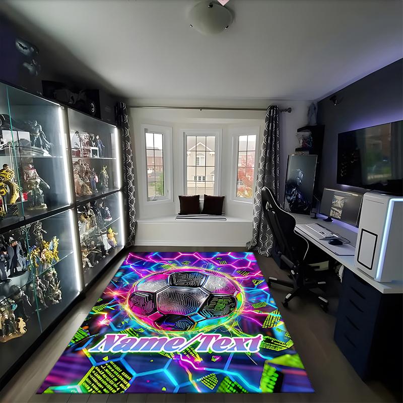 1PC Custom Name Futuristic Soccer Ball Theme Floor Mat Ideal for Living Room, Game Rooms, Office, Bedroom,Floor Mat Playful Design