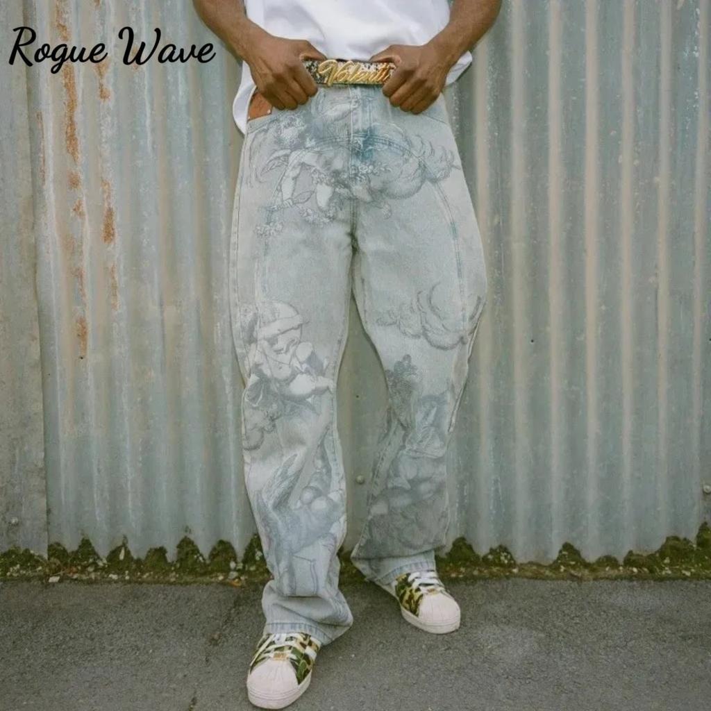 RogueWave High Street Y2k Angel Baggy Jeans American Hip Hop Retro Cupids Arrow Men Women Pants Streetwear Unisex Casual Straight Jeans