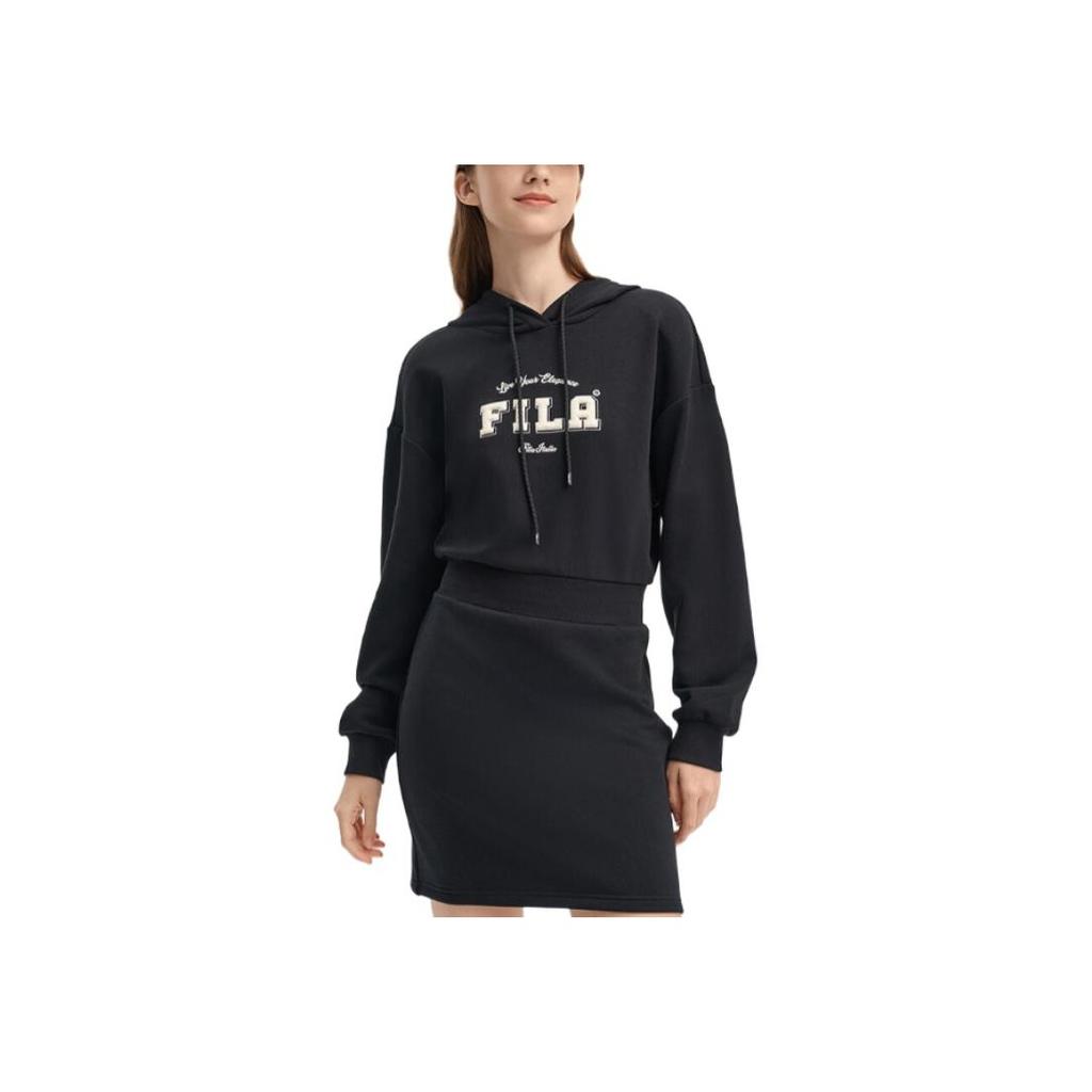 Fila Buchstabenaufdruck Atmungsaktiv Bequem Locker Lässig Kapuzen-Langarmkleid Damenkleider Schwarz F11W439310FBK