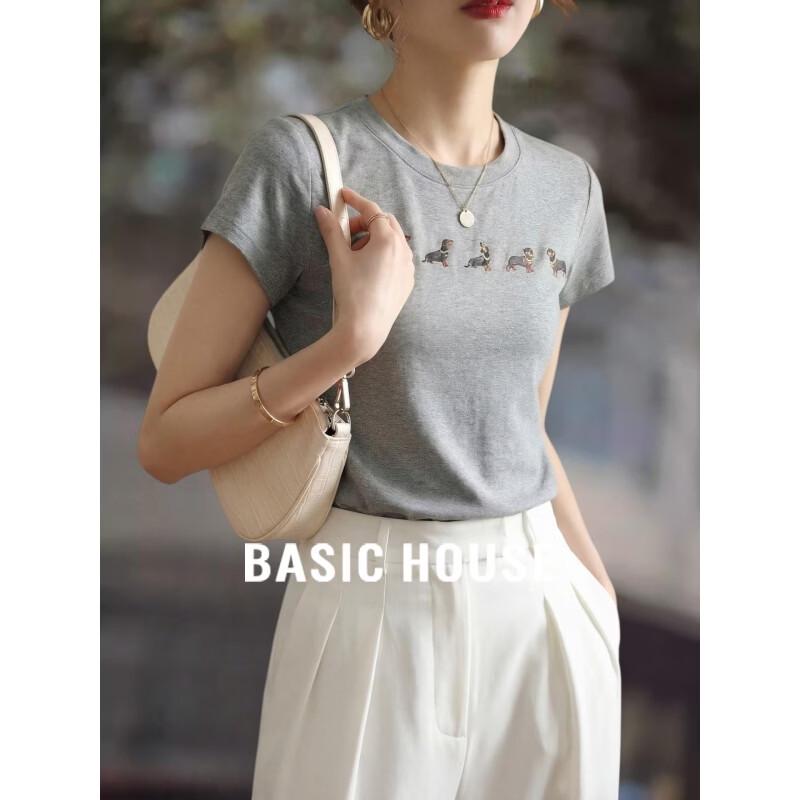 Basic House Women s Round Neck Dog Print Short Sleeve T-Shirt L