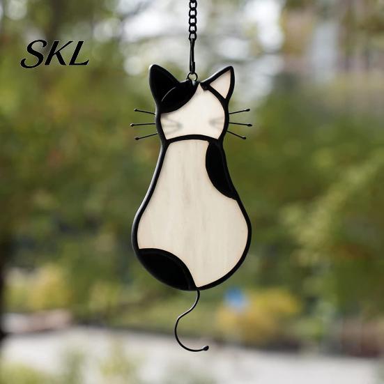Retro Style Cat Decoration Acrylic Pendant, with Metal Hanging Chain, Stained Glass Effect Rental Friendly Window Decor Pendant Decoration,