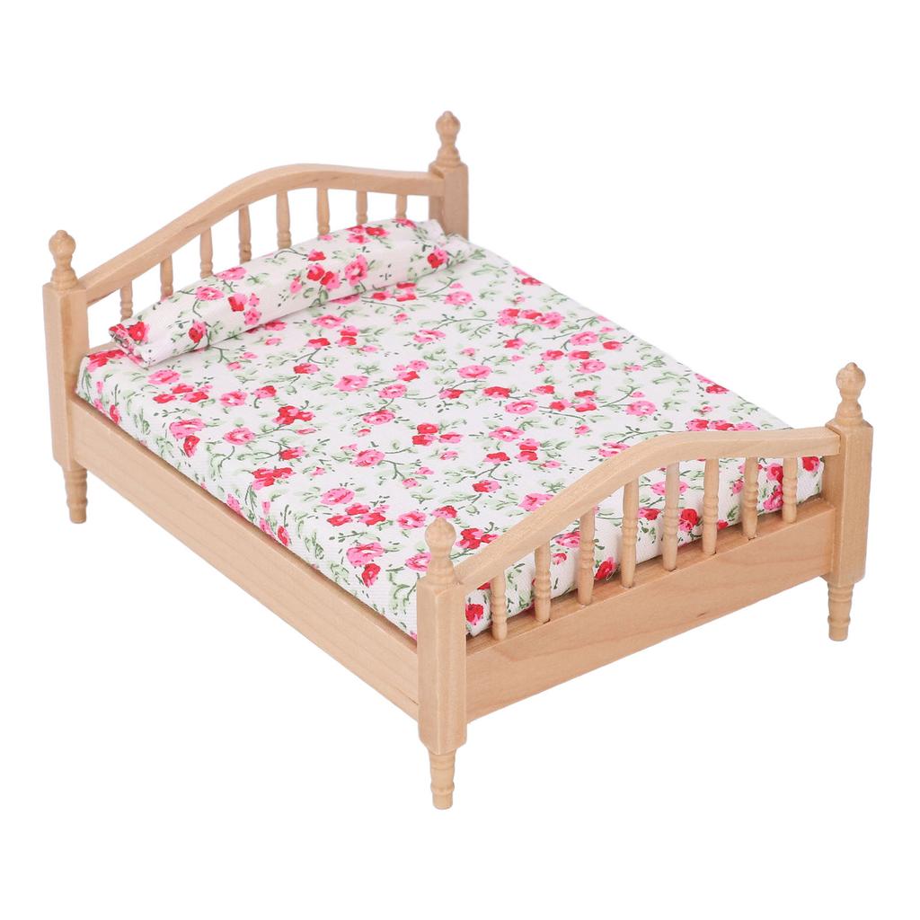 1/12 Miniatur Puppenhaus Bett Elegant Dekorativ Holz Floral Möbelzubehör Miniatur Bett