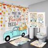 Fall Thanksgiving Day 4Pcs Autumn Pumpkin Maple Tree Leaves Shower Curtain Set With Non-Slip Rug Toilet Lid Cover And Bath Mat