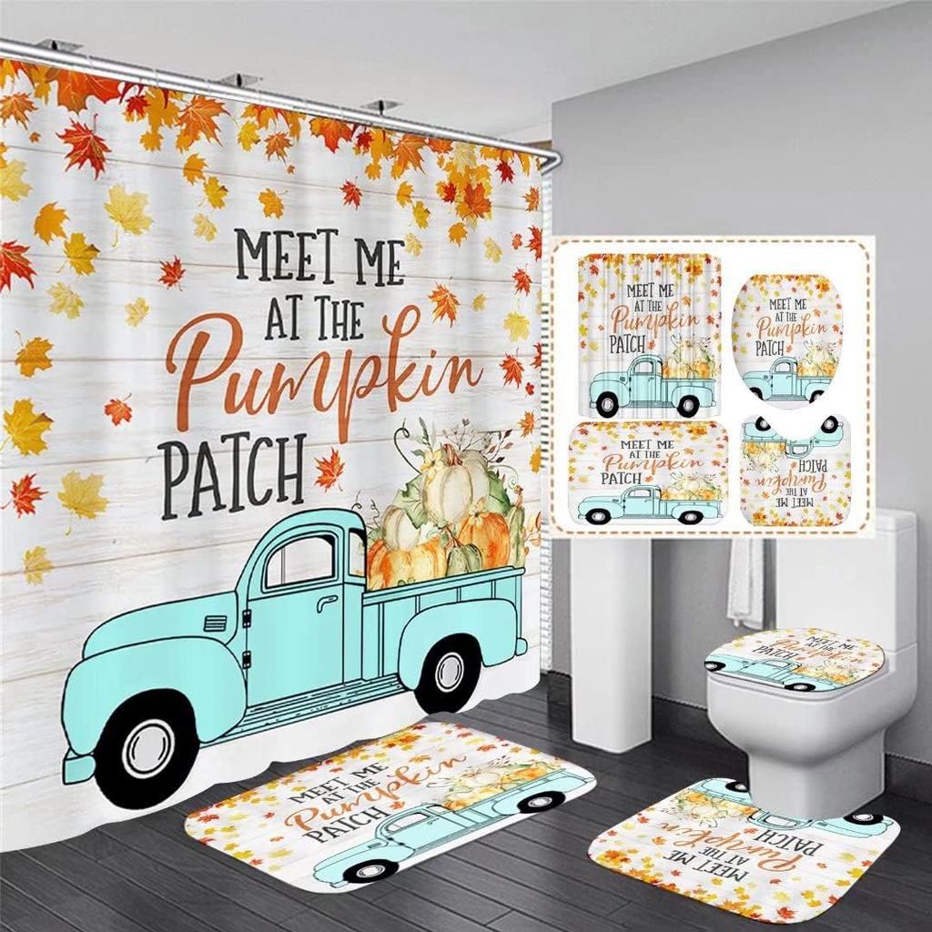 Fall Thanksgiving Day 4Pcs Autumn Pumpkin Maple Tree Leaves Shower Curtain Set With Non-Slip Rug Toilet Lid Cover And Bath Mat