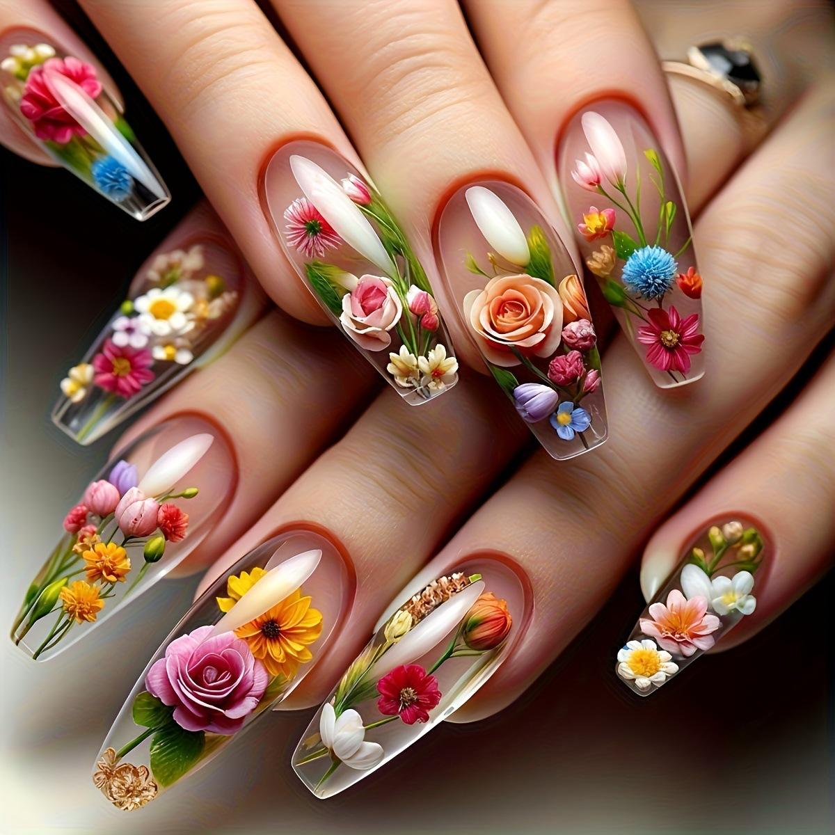 

Artificial Press On Nails Long Coffin Shape Clear Base with 3D Floral Design Full Cover False Nails Set for Women and Girls Nail Art Accessories One Size