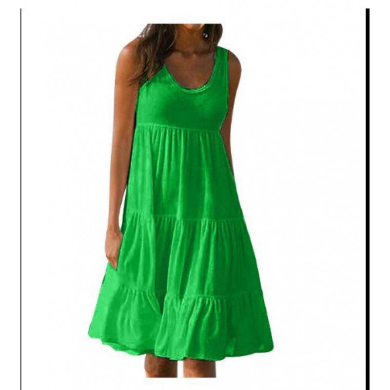 Women's Beach Dress: Sleeveless, Round Neck, Patchwork, Wide Hem, 7 Colors, 8 Sizes