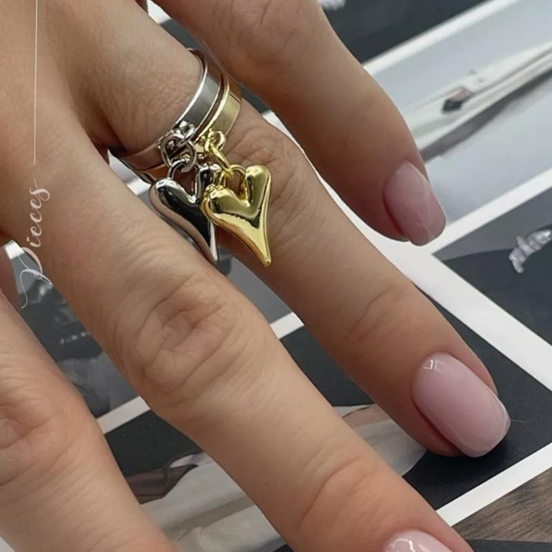Fashionable Geometric Heart Pendant Ring Stainless Steel Elastic Rope Round Bead Jewelry for Parties and Everyday Wear