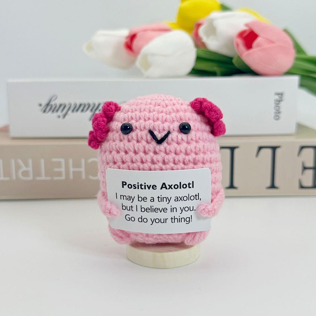 Funny Positive Crochet Cow Doll Desktop Ornament Handmade Cheer Emotional Support Positive Cow with Card Home Party Decoration