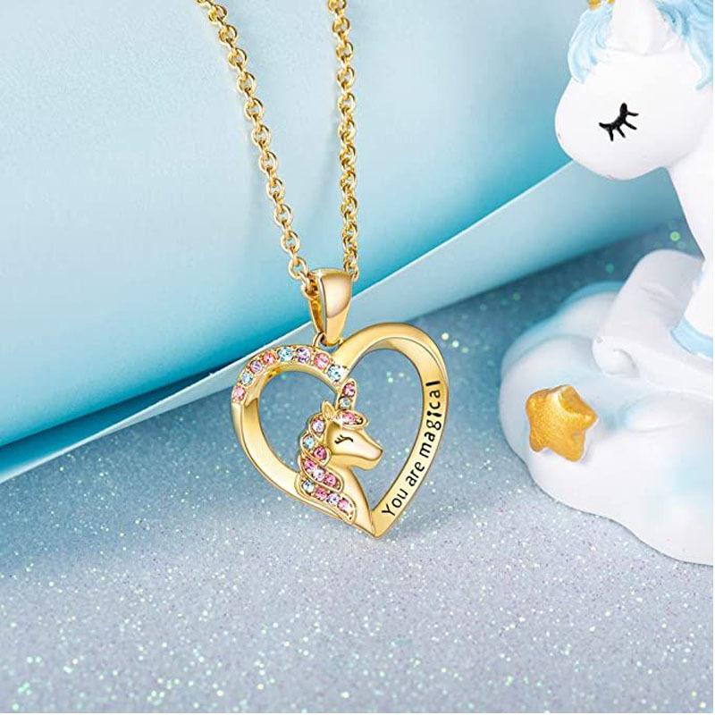 New Unicorn Colored Zircon Pendant, Colorful Heart-shaped Pony Necklace.
