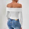 Ladies Spring Autumn Long Sleeve Boat Neck Solid Color Pleated Bodycon Pullover Casual T Shirt Top