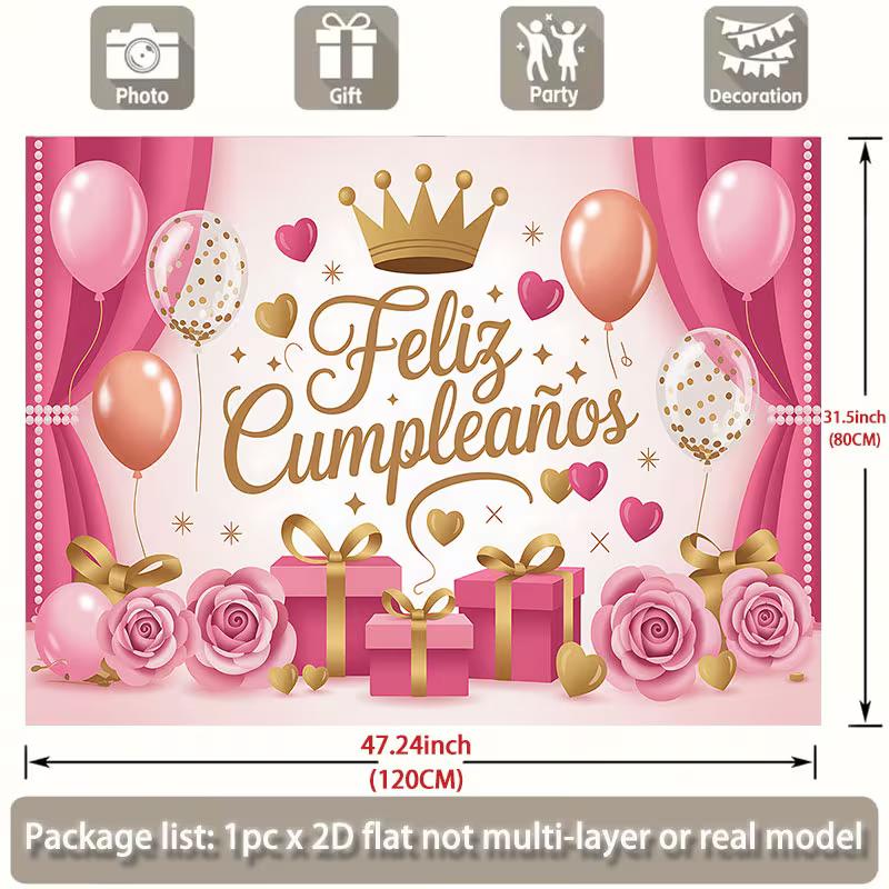 

2D Pink Gold Crown Feliz Cumpleaños Backdrop for Princess Birthday Party 47.2x31.5inch/120*80cm