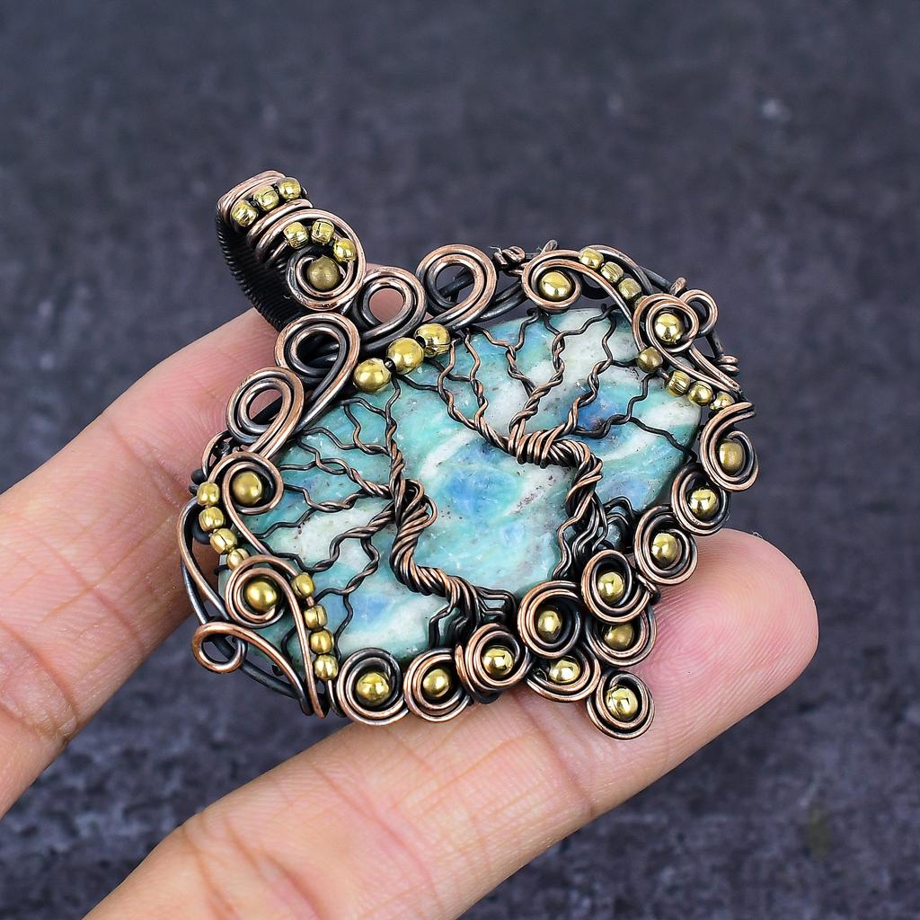 Larimar Gemstone Copper Wire Wrap Jewelry Pendant 2.36"