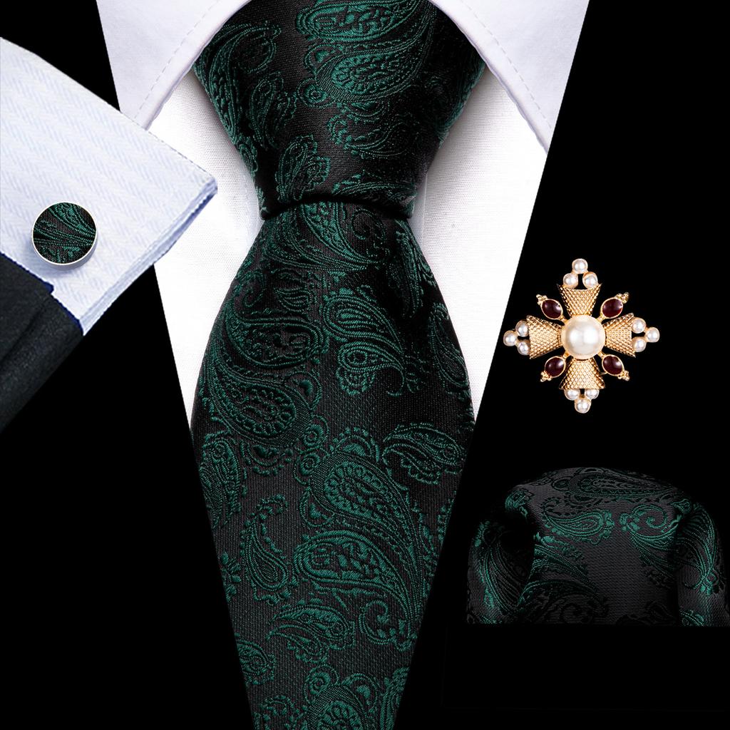 Pearl Brooch with Silk Tie for Men Vintage Floral Teal Necktie Hanky Cufflinks Gift Formal Set