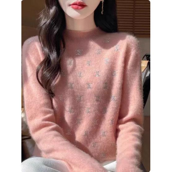 Damen Feine Wolle Verdickender Pullover Halboher Kragen Blatt mit Diamanten besetzt Pullover Damen Gestrickte Basisoberteile Herbst Winter