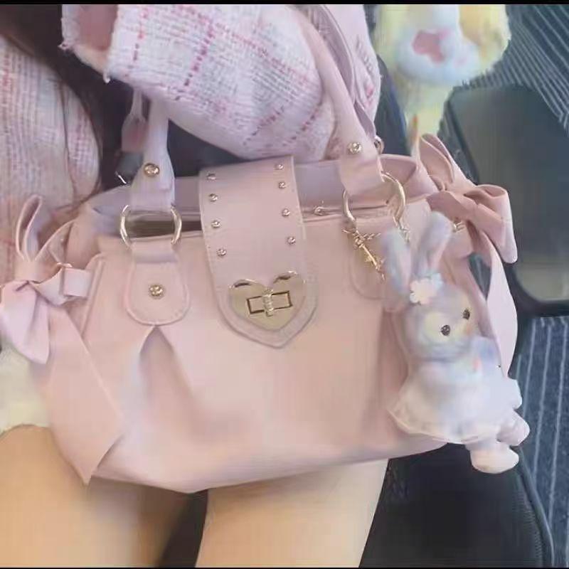Harajuku Schleife Rosa Handtasche Geldbörse Damen Japanischer Stil Weich Lässig Umhängetasche Damen Süß Niedlich Große Kapazität Schultertaschen