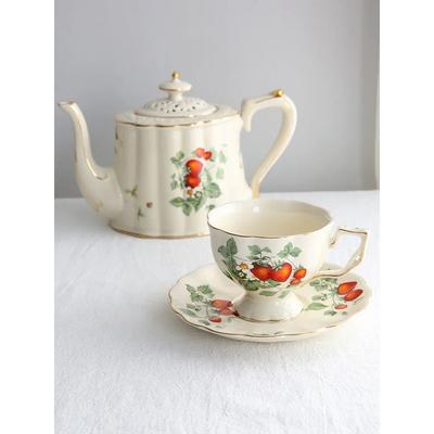 French Strawberry Teapot Coffee Cup and Saucer Set, Dessert Plate, Ceramic European Afternoon Tea for Party, Home Decoration