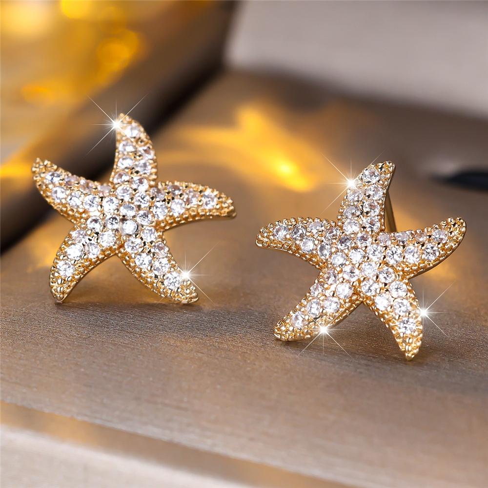 

Cute Female White Zircon Cute Starfish Stud Earrings Gold Color Wedding For Women