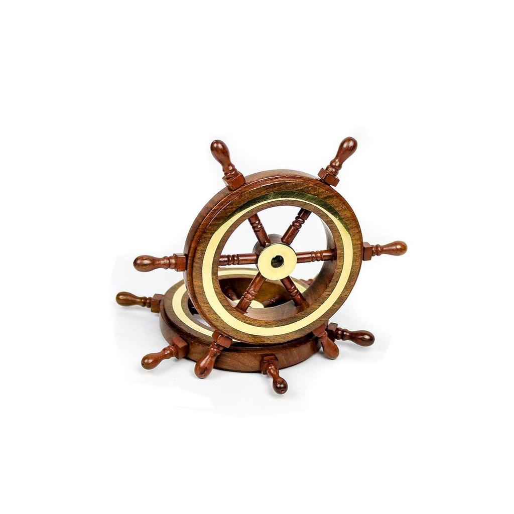 Hand Crafted Premium Nautical Wooden Ship Wheel | Exclusive Pirate's Wall Decor | Ocean  (Natural Wood - Brass Ring, 4 Inches)