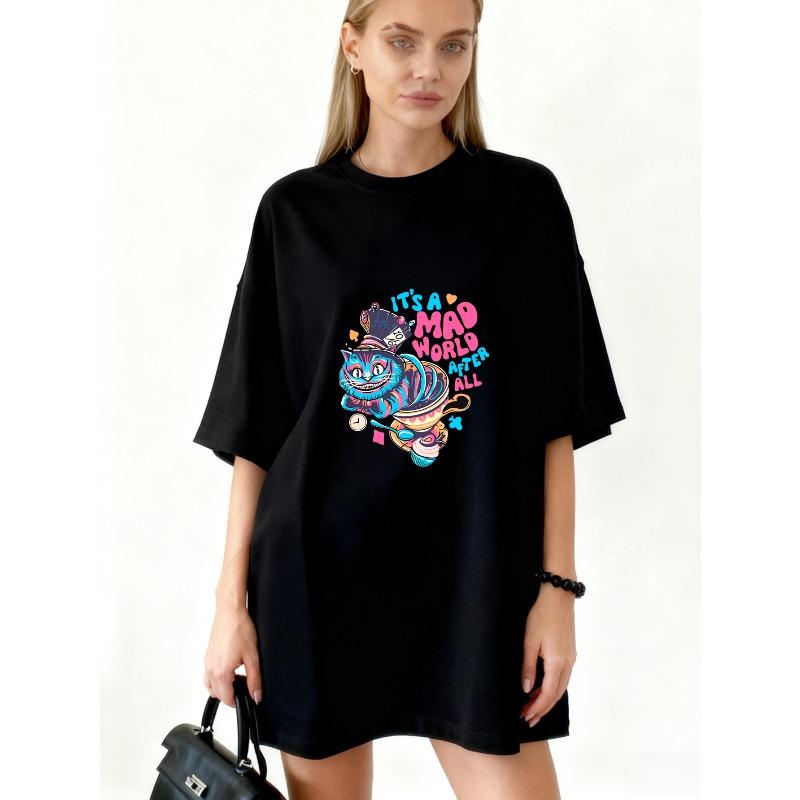 Oversized T-Shirt Black Mad Hatter And Cheshire Cat Print With Its A Mad World After All Text For Casual Wear And Street Style