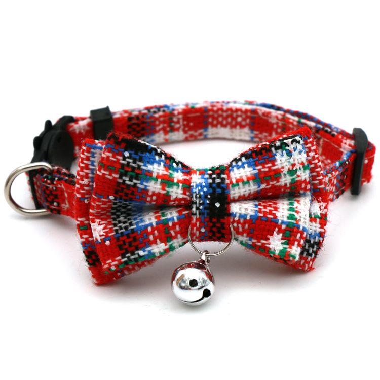 Bowknot Cat Small Dog Collar with Bell Plaid Snowflake Adjustable Breakaway Pet Puppy Kitten Safety Buckle Necklace Christmas
