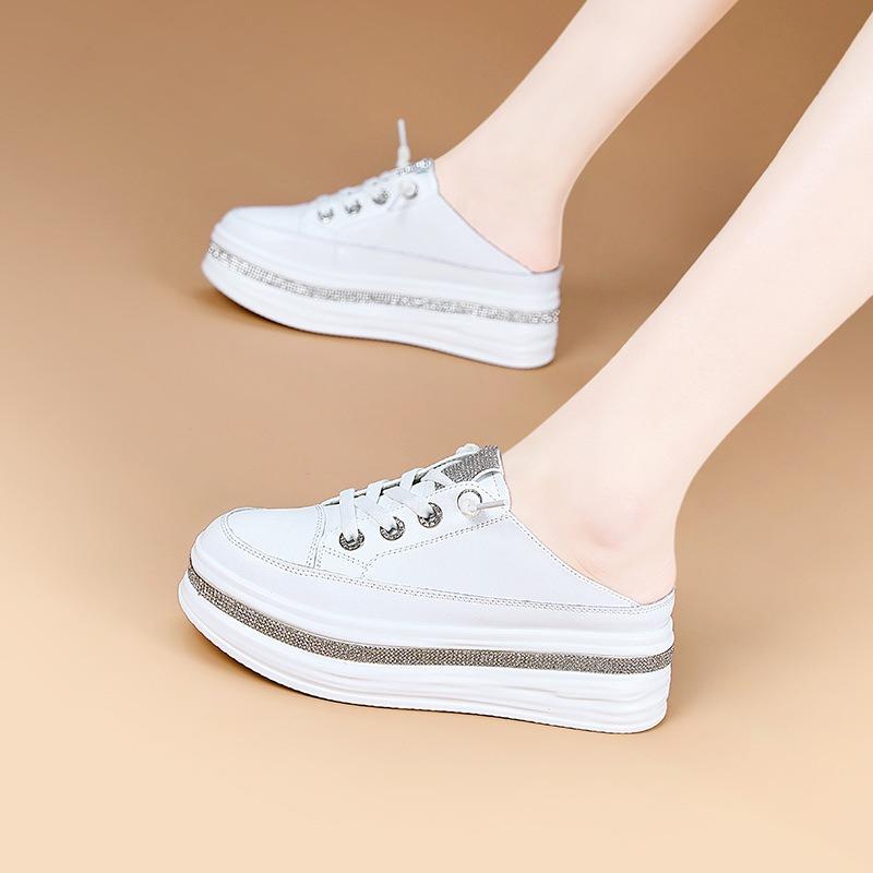 thick-soled muffin, little white shoes, women's outer wear, baotou drag, new fashionable rhinestone, lazy one pedal and half drag