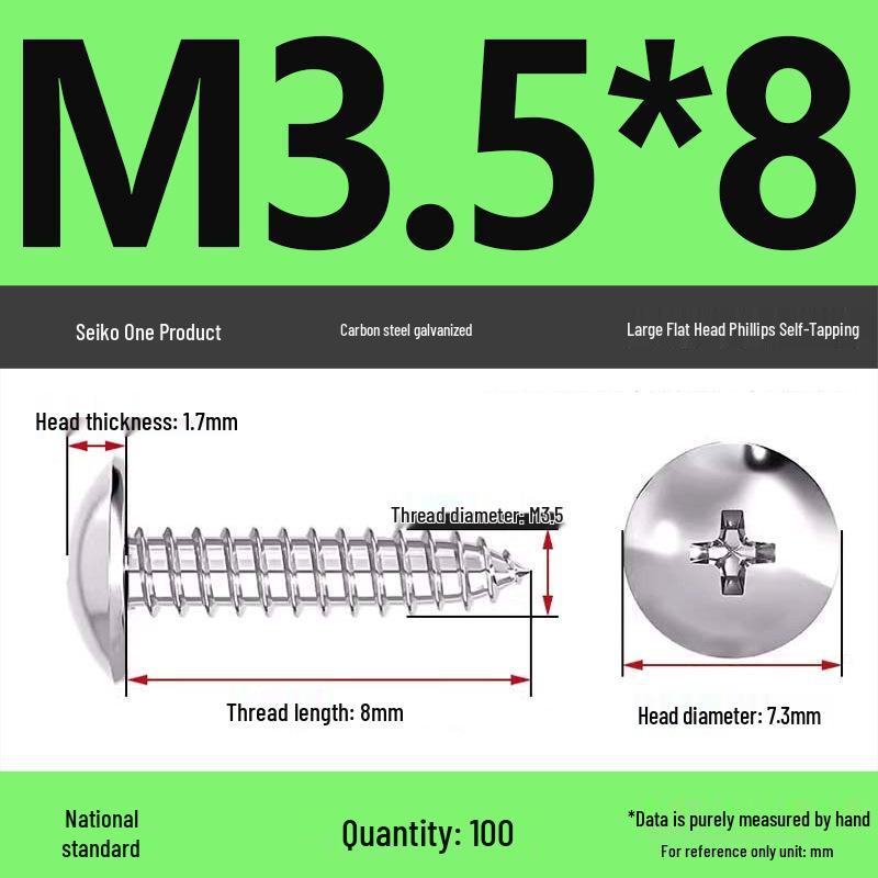 Galvanized M3 Phillips Flat Head Self-Tapping Wood Screws, High-Strength, Large Head