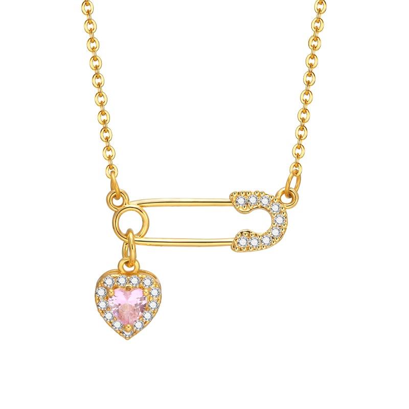 Cubic Zirconia Heart Love Charms Safety Pin Pendant Necklace, Women Necklace Adjustable Stainless Steel Jewelry