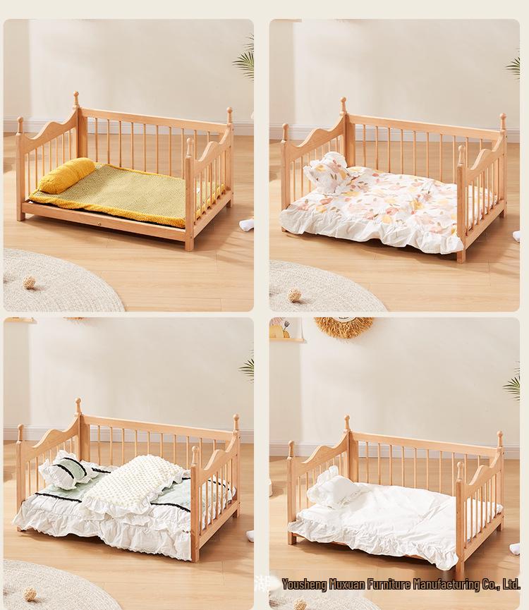 Spring Moisture-Proof Solid Wood Pet Bed - Removable, Washable Beech Playpen for Dogs and Cats