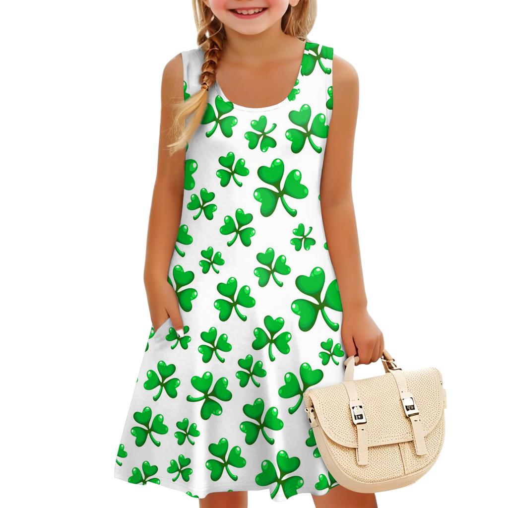 Children's Sleeveless U-neck A-line St. Parmesan Print Casual Vacation Dress