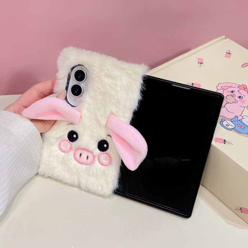 Kawaii Cartoon Plush Pig Phone Case For Samsung Z Fold 8 Ultra 7 6 5 4 ZFold8 Fold7 Fold6 Cover with Chain Fur Fluffy Cute Cases