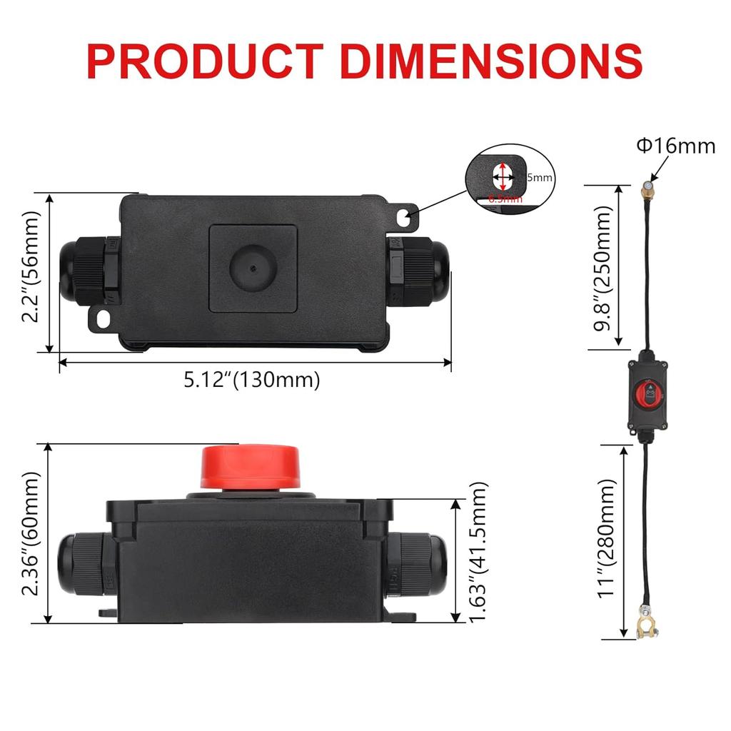 Top Post Battery Disconnect Switch, 100A 12-32V On/Off, Waterproof Heavy-Duty Battery Disconnect Switch with 8AWG Wire for Cars, Vehicles, RVs, and