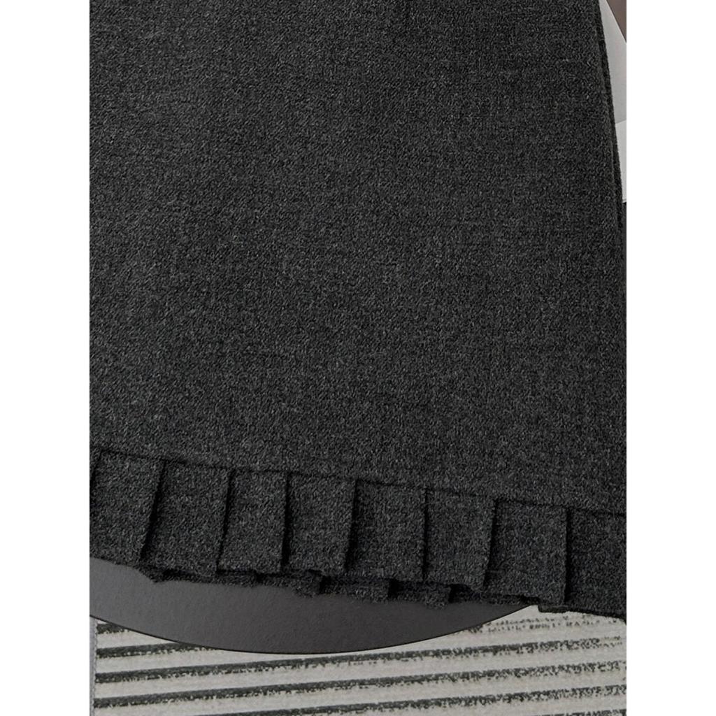 Plus Size Gray Wool Pleated Lace Skirt with Ruffle Hem - High Waist Bodycon for Autumn/Winter