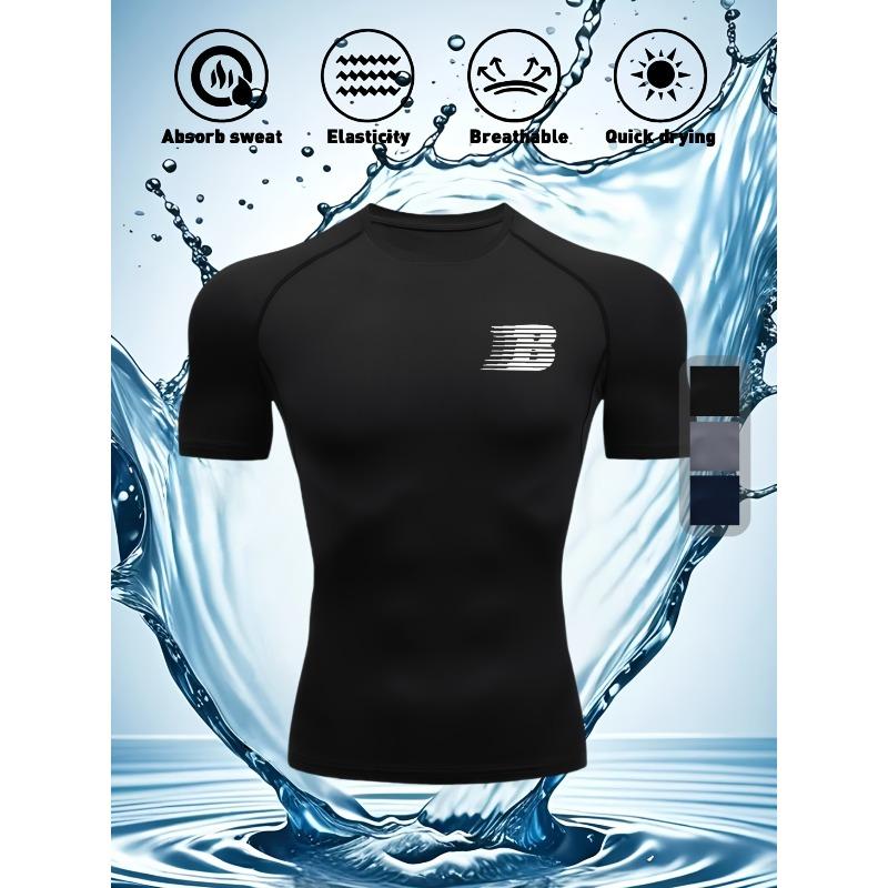 Men s Compression Shirt Quick Dry Black Gym T-Shirt Minimal Logo Print Workout Sportswear Multi-Color Minimal Logo Print S