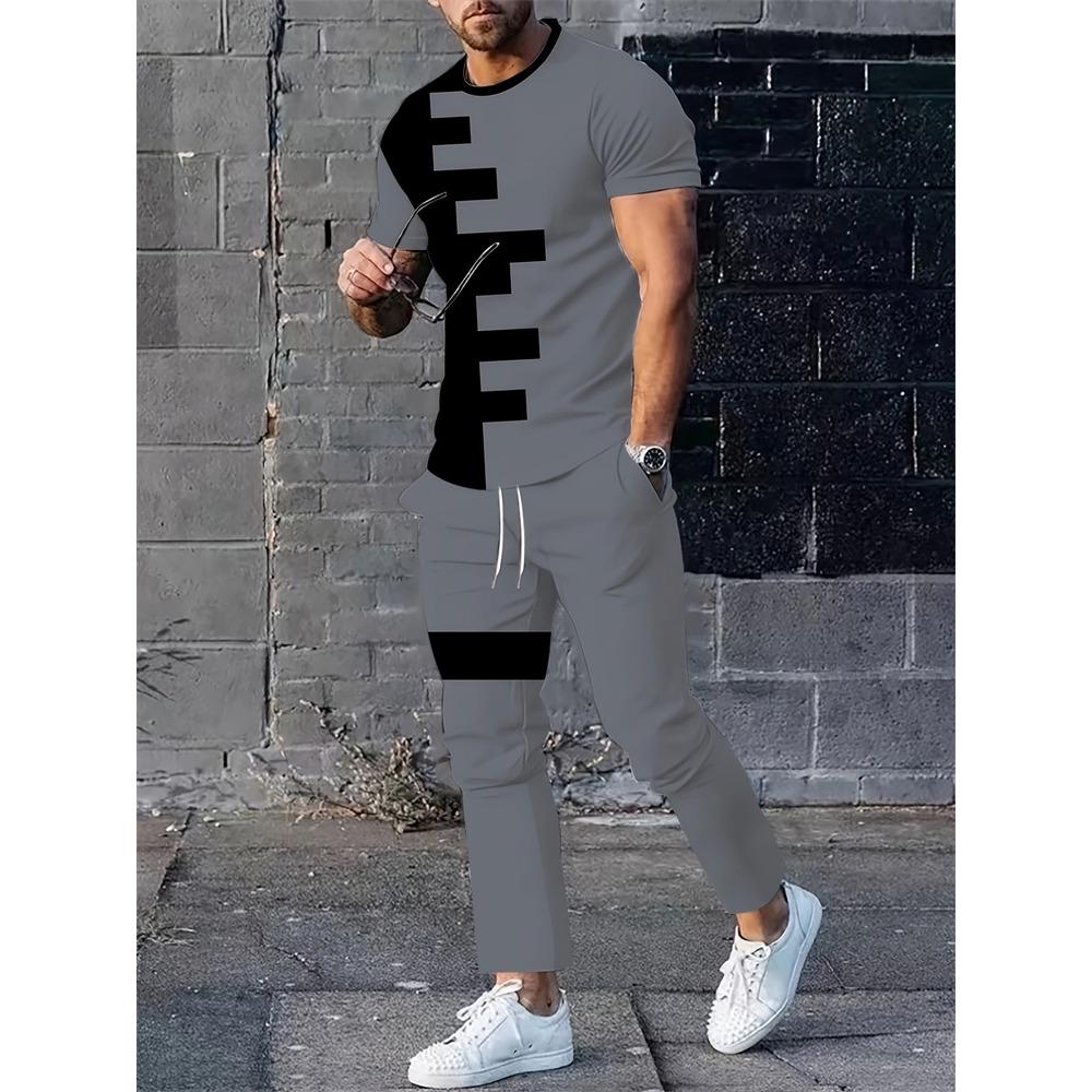 New Summer Men's Sports Suit Men's Round Neck Splicing Printed Short-sleeved T-shirt Loose Pants Two-piece Set Streetwear