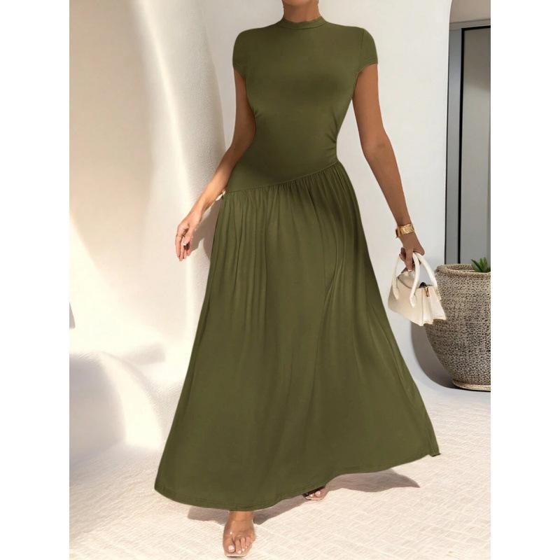 Europe, America 2026 summer new simple asymmetrical stand-up collar short-sleeved A-word casual dress women