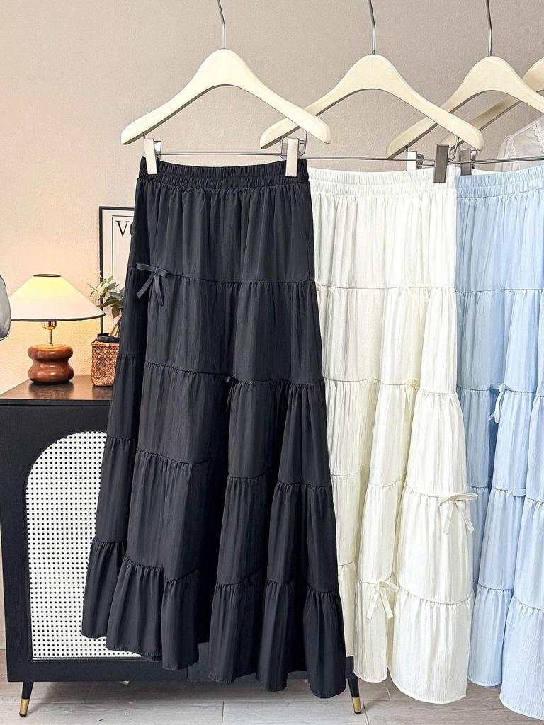 Drapey A-line Bow High Waist Cake Skirt - Women's Mid-length Slimming Skirt for Spring/Summer 2026
