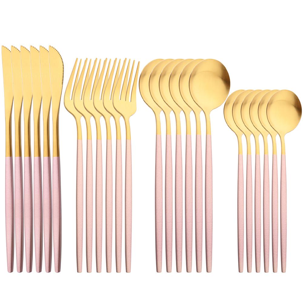 JANKNG 24Pcs Matte Dinnerware Golden Knife Fork Dessert Spoons Flatware Set Stainless Steel Cutlery Set Kitchen Silverware Set