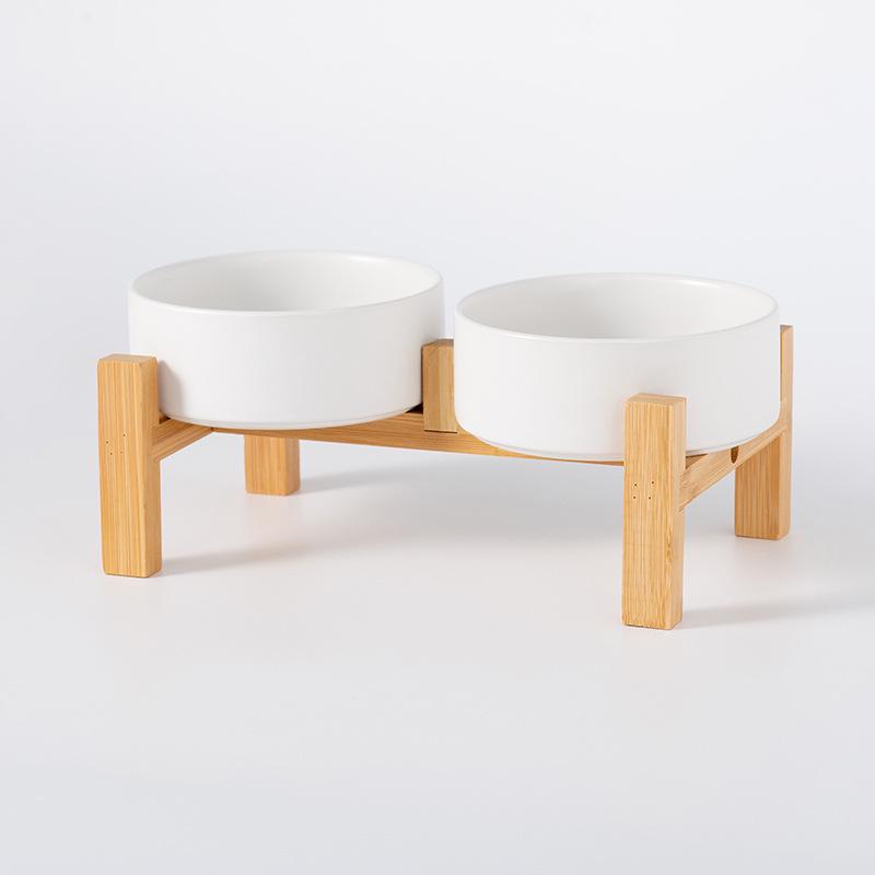 Ceramic Pet Food Bowl with Elevated Bamboo Stand - Anti-Tip Design for Dogs and Cats, Protects Cervical Spine