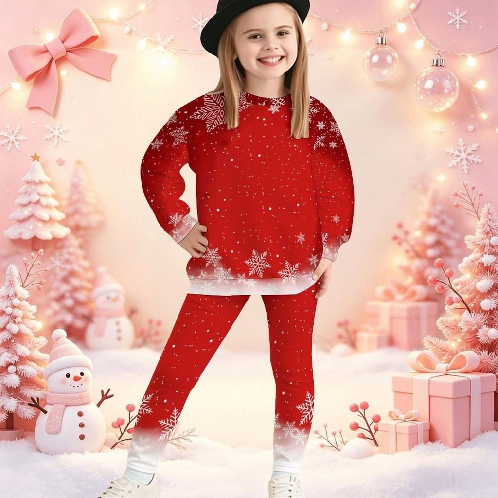 Girls' Xmas Tree Casual Comfortable Soft Loose Pullover Sweatshirt and Leggings 2-Piece Set, New Autumn/Winter, Playful, Sweet and Cool Style